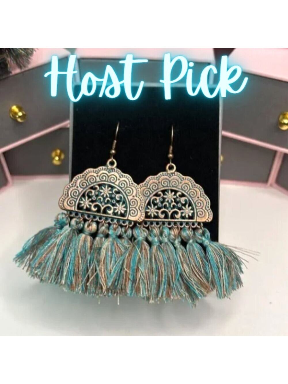 Boho Bronze Teal Tassel Earrings Vintage Carved Statement